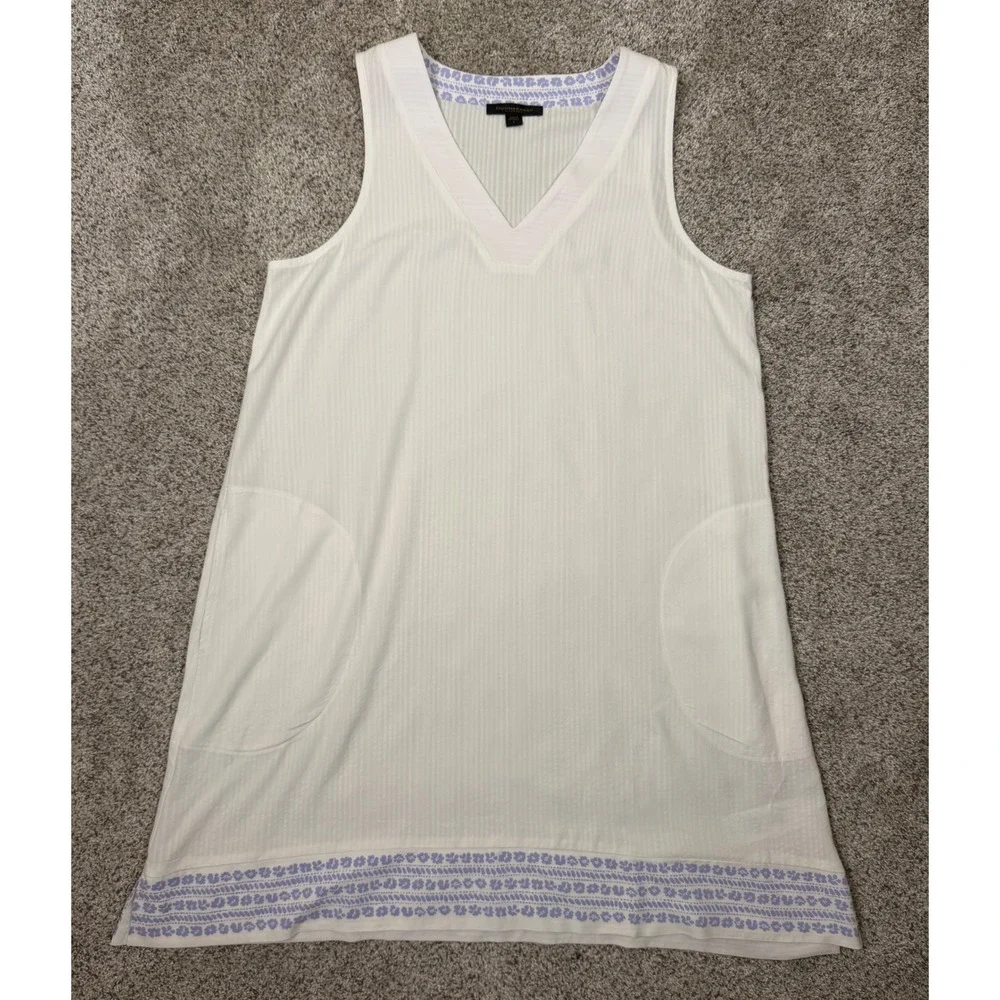 Donna Karan Sleepwear White Floral Border‎ V-Neck Nightgown Sleeveless Pockets L